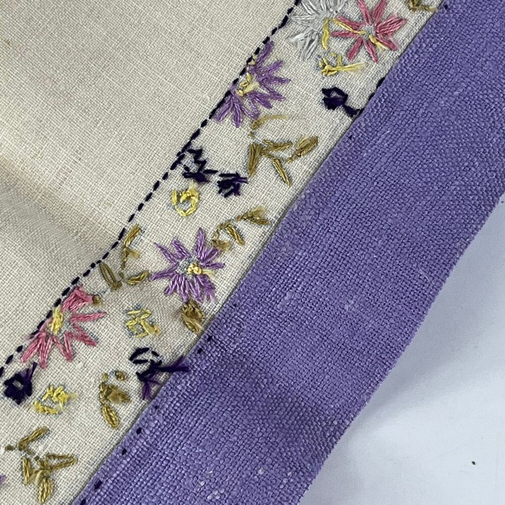 Vtg Purple Tea Towel Embroidered 28x17 Large Table Doily Handmade Applique POOR